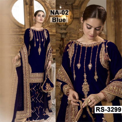 Chiffon Heavy Handwork Embroidered Dress Complete 3 Piece Unstitched Code NA-02 (Blue)