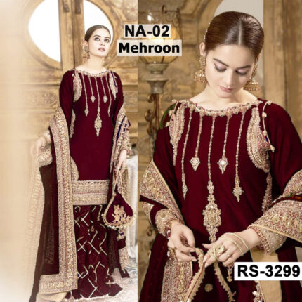 Chiffon Heavy Handwork Embroidered Dress Complete 3 Piece Unstitched Code NA-02 (Mehroon)