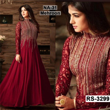 Chiffon Heavy Sequence Embroidered Dress Complete 3 Piece Unstitched Code NA-31 Mahroon